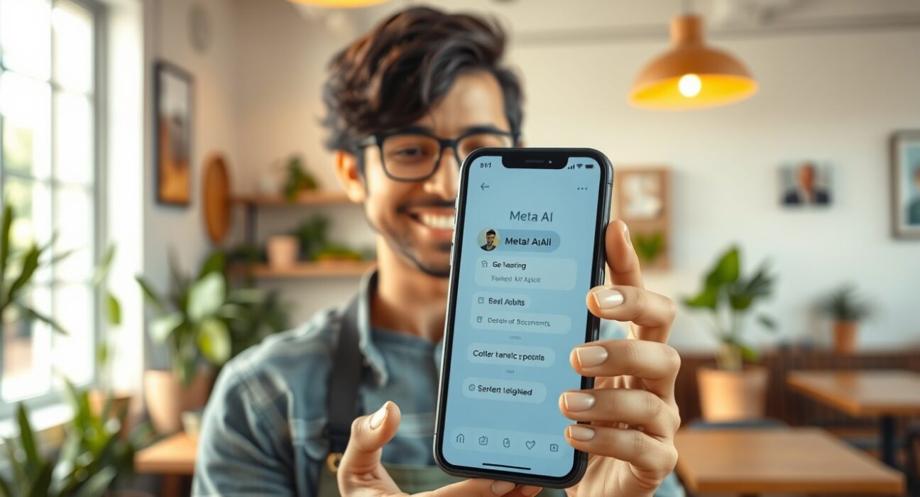 Small business owner using Meta business AI on smartphone for customer conversations