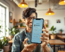 Small business owner using Meta business AI on smartphone for customer conversations