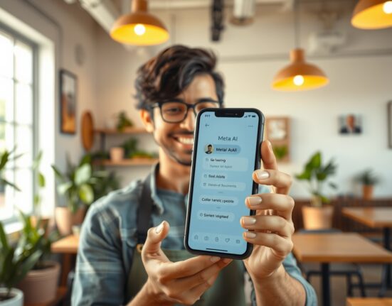 Small business owner using Meta business AI on smartphone for customer conversations