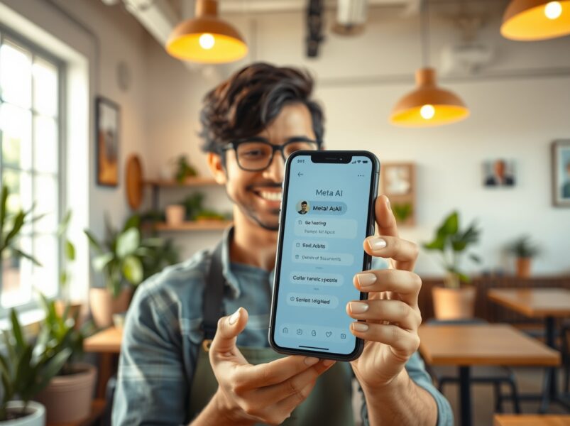 Small business owner using Meta business AI on smartphone for customer conversations