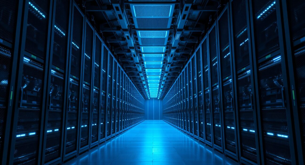 Interior view of a large, modern data center with rows of server racks and blue lighting.