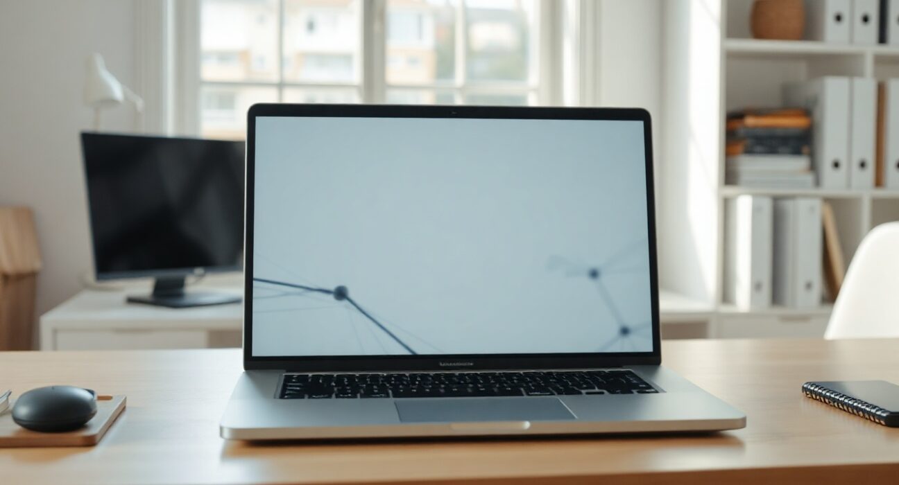 Laptop displaying a neural network visualization representing local AI processing, symbolizing Meta's Glimmer model.