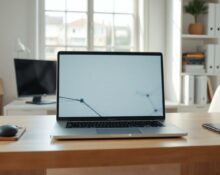 Laptop displaying a neural network visualization representing local AI processing, symbolizing Meta's Glimmer model.