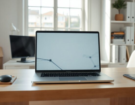 Laptop displaying a neural network visualization representing local AI processing, symbolizing Meta's Glimmer model.