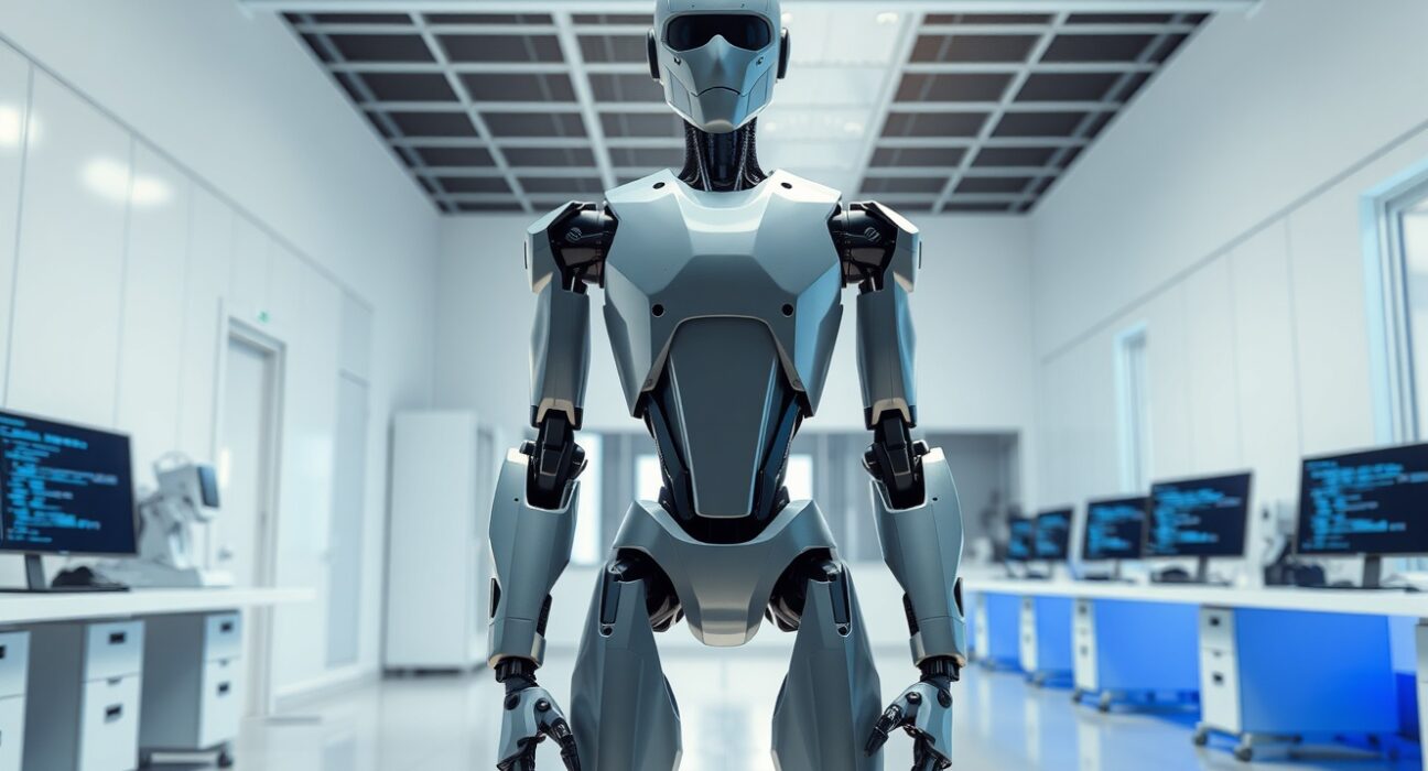 Humanoid robot standing in a research lab representing Meta's AI ambitions through the acquisition of Assured Robot Intelligence.