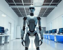 Humanoid robot standing in a research lab representing Meta's AI ambitions through the acquisition of Assured Robot Intelligence.