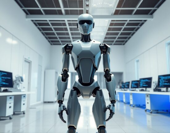 Humanoid robot standing in a research lab representing Meta's AI ambitions through the acquisition of Assured Robot Intelligence.