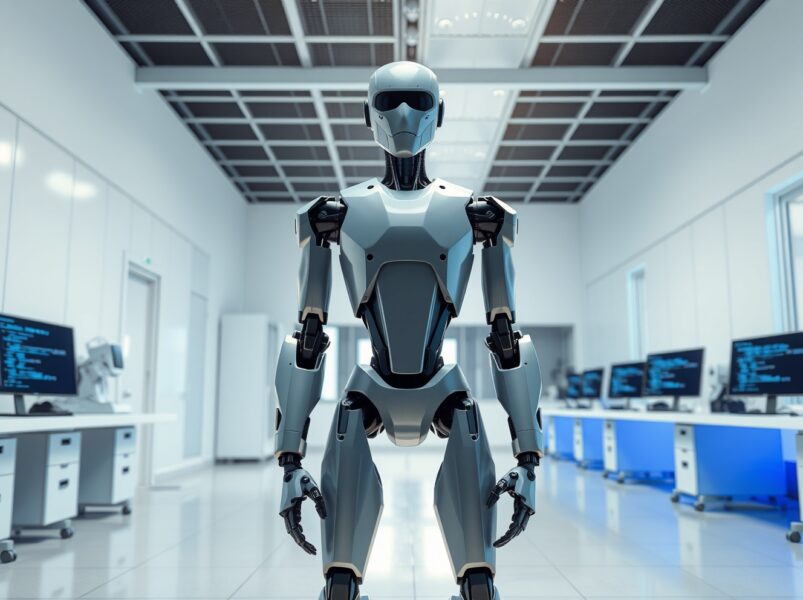 Humanoid robot standing in a research lab representing Meta's AI ambitions through the acquisition of Assured Robot Intelligence.