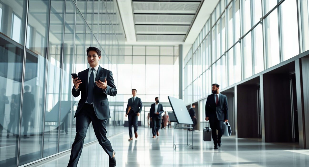 Business professionals in a modern office lobby representing executive transition between Meta and OpenAI