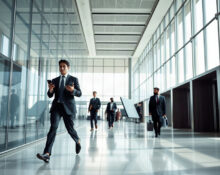 Business professionals in a modern office lobby representing executive transition between Meta and OpenAI