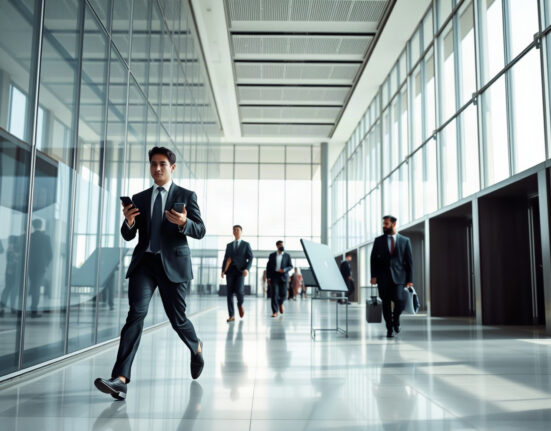 Business professionals in a modern office lobby representing executive transition between Meta and OpenAI