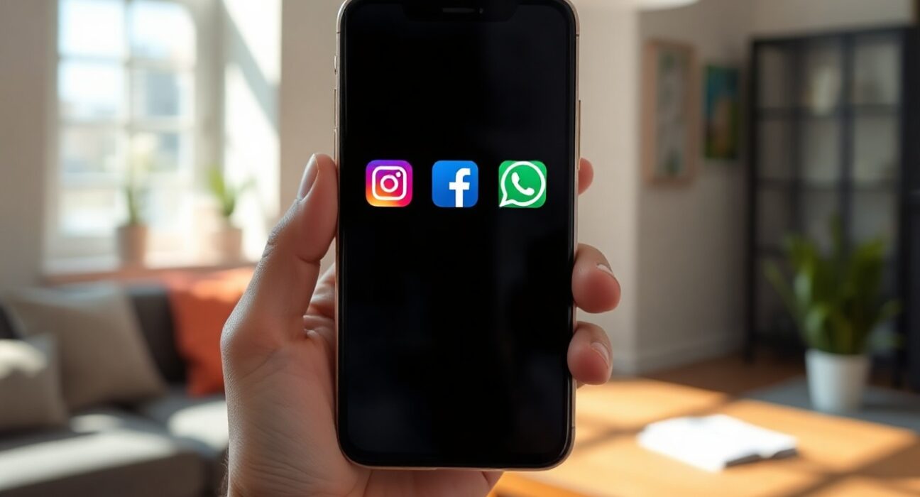 Smartphone displaying Instagram, Facebook, and WhatsApp app icons in a bright, modern setting.