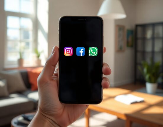 Smartphone displaying Instagram, Facebook, and WhatsApp app icons in a bright, modern setting.