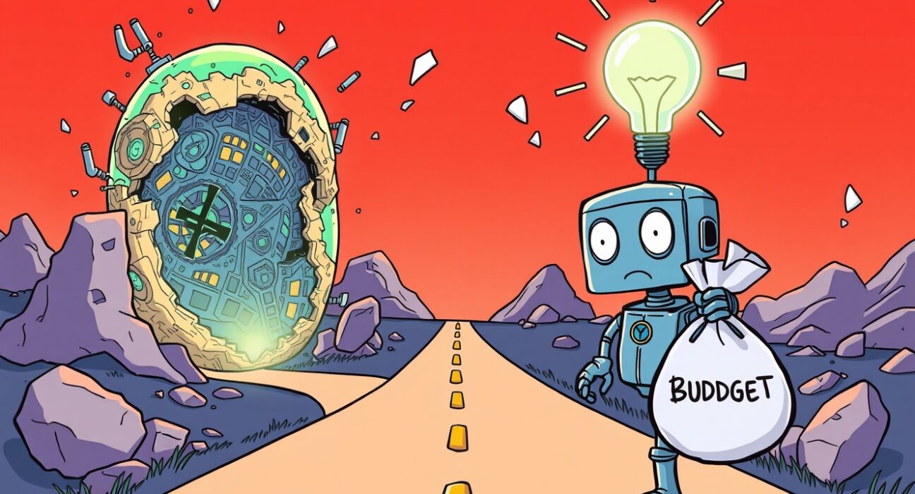 A cartoon robot at a crossroads between a crumbling metaverse world and a bright AI future, holding a shrinking metaverse budget bag.