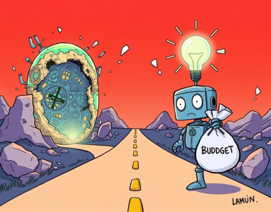 A cartoon robot at a crossroads between a crumbling metaverse world and a bright AI future, holding a shrinking metaverse budget bag.