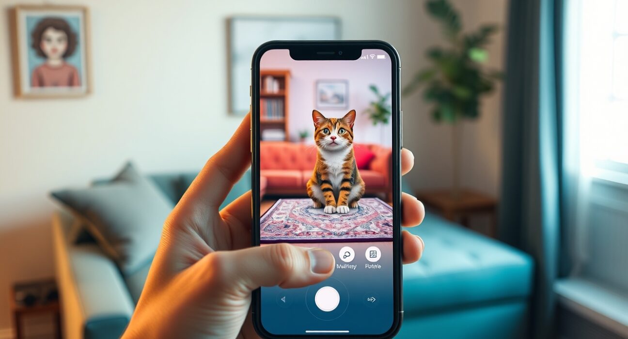 Smartphone displaying Meta's new Muse AI image generator app interface with a generated image of a cat on a couch.