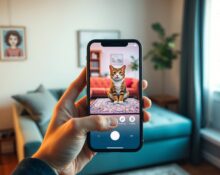 Smartphone displaying Meta's new Muse AI image generator app interface with a generated image of a cat on a couch.