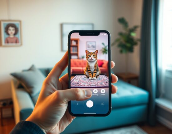 Smartphone displaying Meta's new Muse AI image generator app interface with a generated image of a cat on a couch.