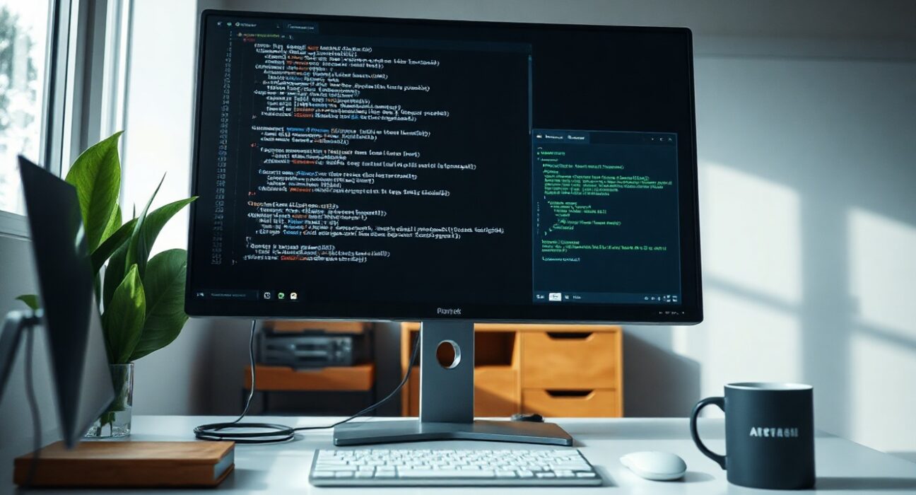 Developer working on a computer with code and terminal visible, representing Meta's Muse Code AI agent.