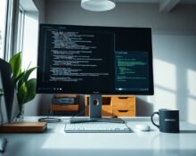 Developer working on a computer with code and terminal visible, representing Meta's Muse Code AI agent.