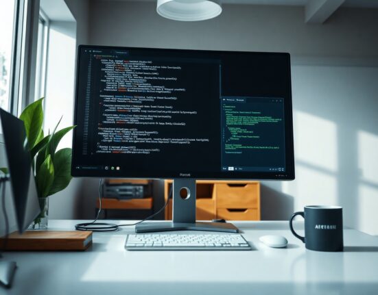 Developer working on a computer with code and terminal visible, representing Meta's Muse Code AI agent.