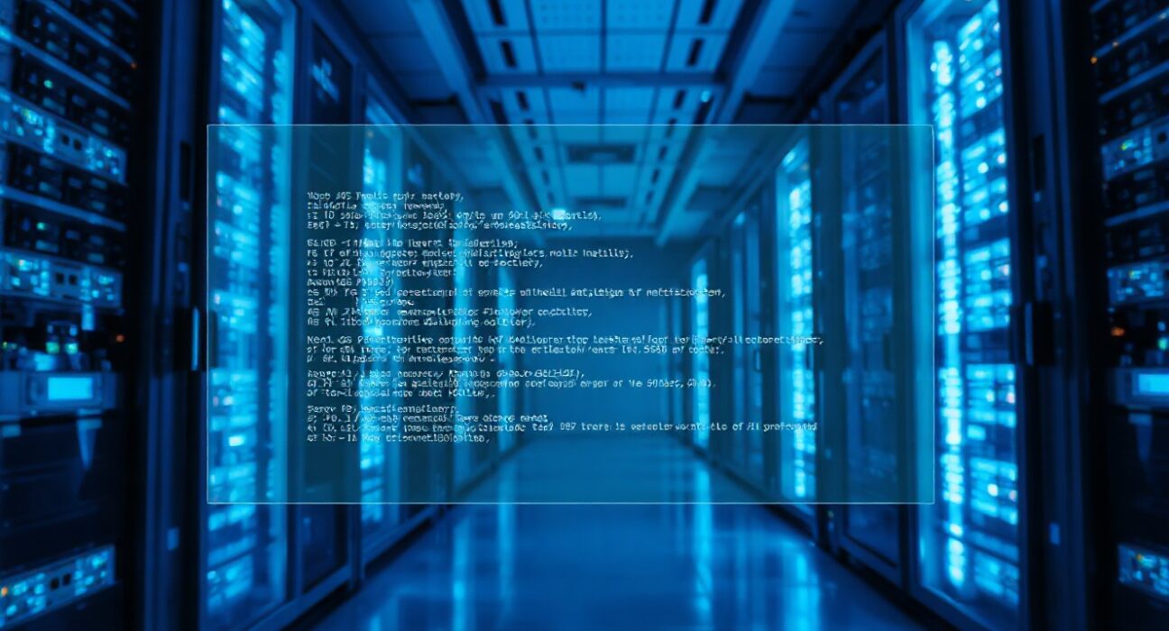 Data center with holographic code interface representing Meta's Muse Spark AI model launch