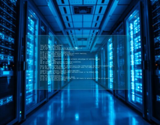Data center with holographic code interface representing Meta's Muse Spark AI model launch