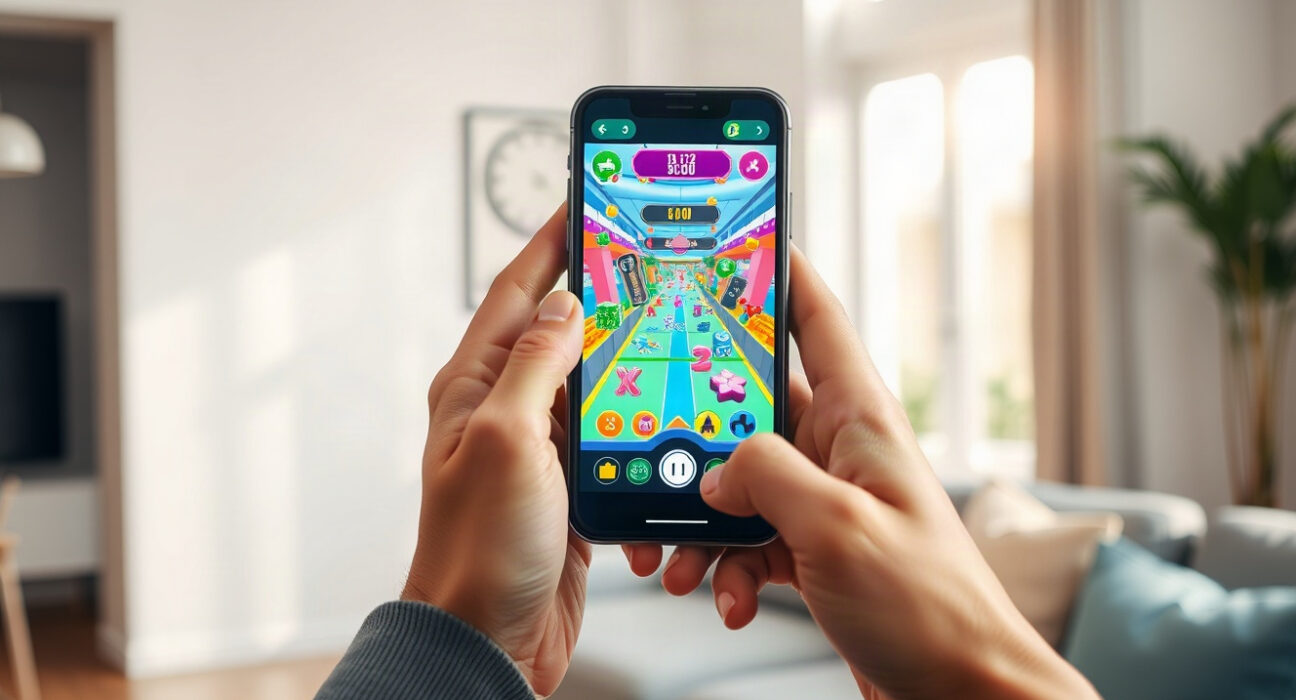 Person holding a smartphone displaying a colorful interactive game from Meta's Pocket app.