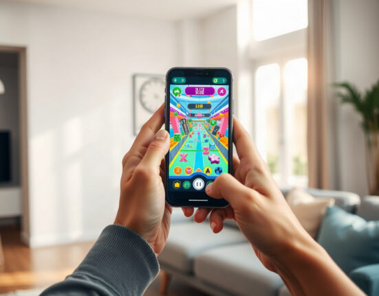 Person holding a smartphone displaying a colorful interactive game from Meta's Pocket app.