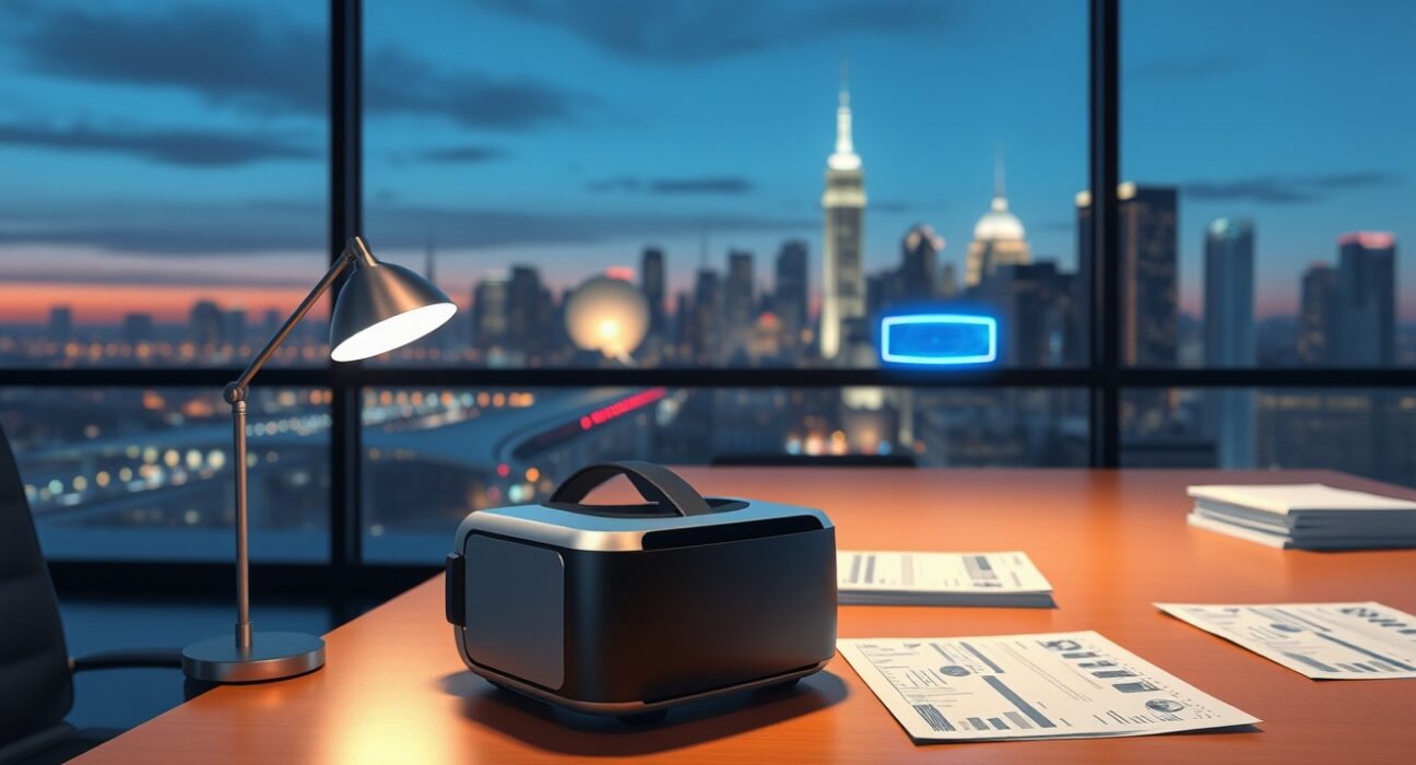 Meta Reality Labs losses highlighted with AR headset and VR headset on a desk in a modern office