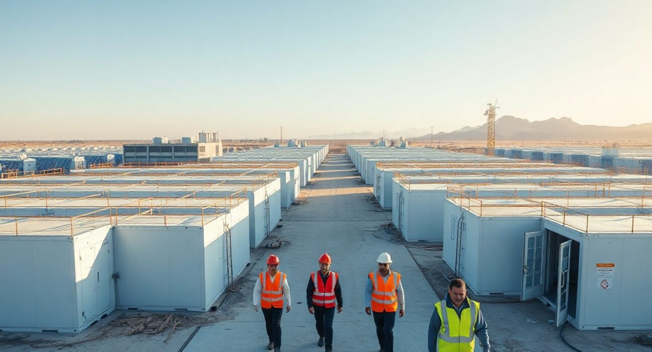 Construction site of a large AI-enabled data center in Jamnagar, Gujarat, India, with workers and solar panels under a clear sky.