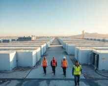 Construction site of a large AI-enabled data center in Jamnagar, Gujarat, India, with workers and solar panels under a clear sky.