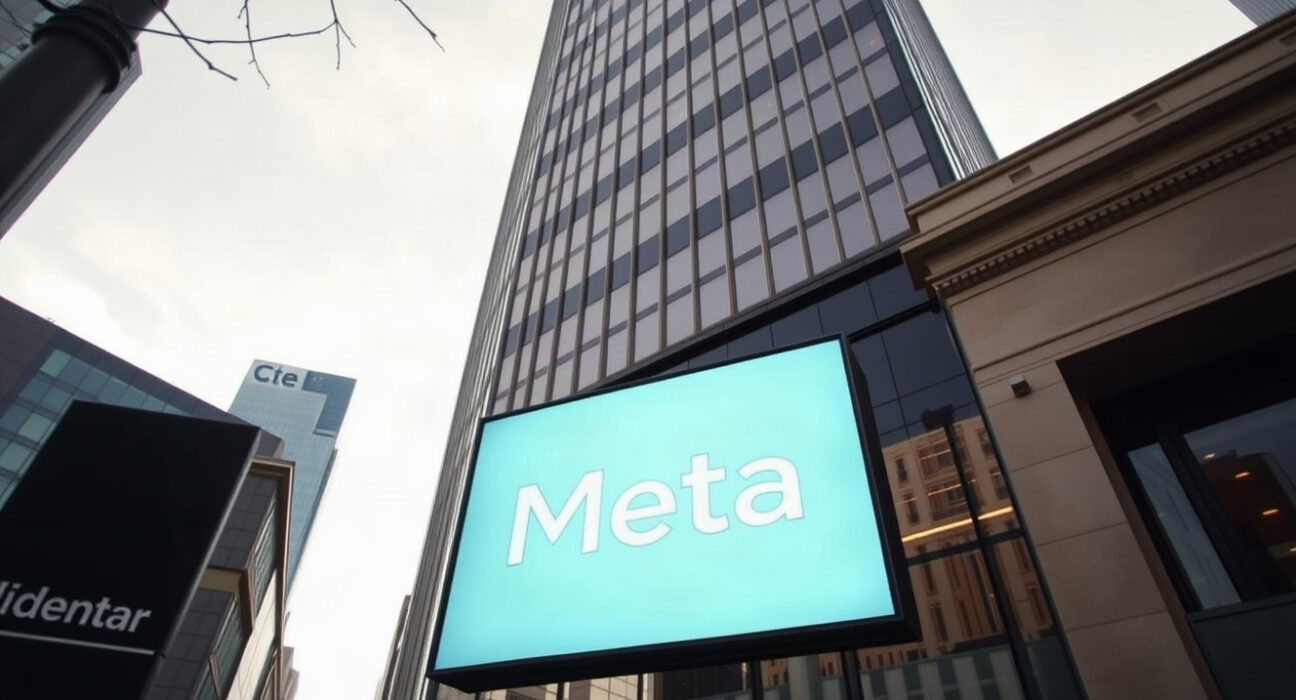 Meta logo on a digital display outside a corporate office building, representing the company's market presence.