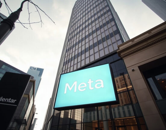 Meta logo on a digital display outside a corporate office building, representing the company's market presence.