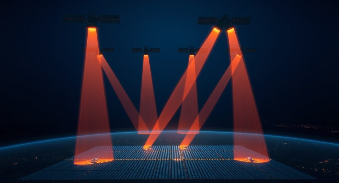 Meta solar power from space: Satellites beam infrared light to solar farms for AI data centers at night.