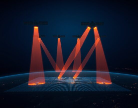 Meta solar power from space: Satellites beam infrared light to solar farms for AI data centers at night.