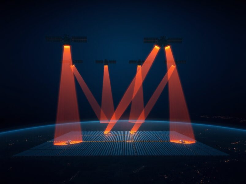 Meta solar power from space: Satellites beam infrared light to solar farms for AI data centers at night.