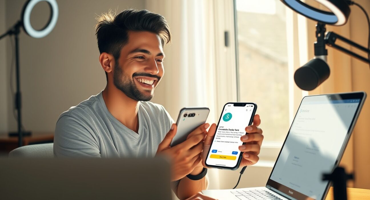 Creator viewing USDC stablecoin payout on smartphone in Colombia for Meta stablecoin payout option