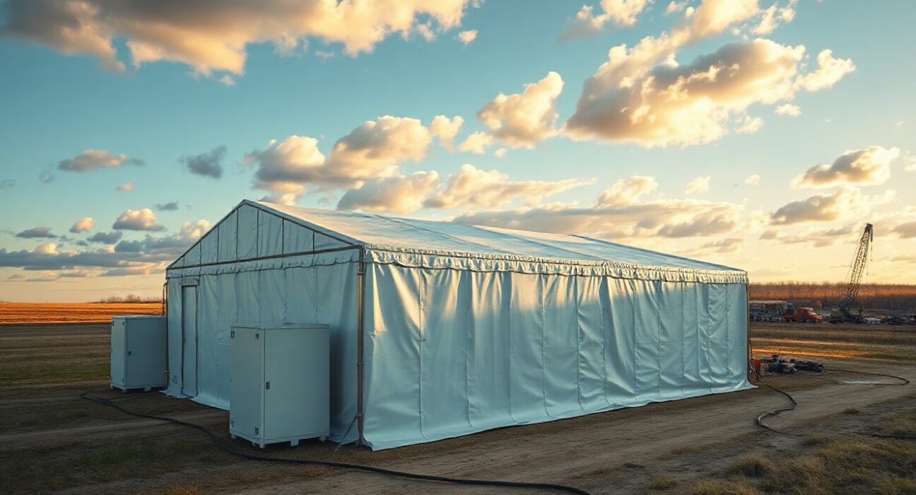 Large white tent data center with modular gas turbines in a field near New Albany, Ohio