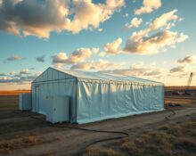 Large white tent data center with modular gas turbines in a field near New Albany, Ohio