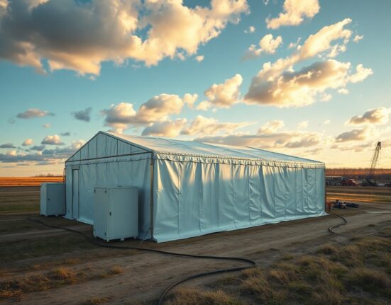 Large white tent data center with modular gas turbines in a field near New Albany, Ohio