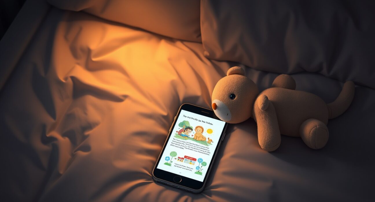 Smartphone displaying an AI-generated children's story on a bed next to a plush toy.