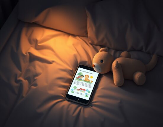 Smartphone displaying an AI-generated children's story on a bed next to a plush toy.