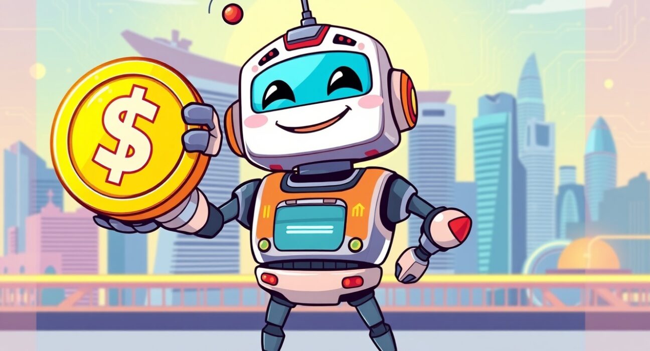 A vibrant cartoon robot celebrating MetaComp raises $22M funding victory in Singapore.