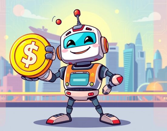 A vibrant cartoon robot celebrating MetaComp raises $22M funding victory in Singapore.
