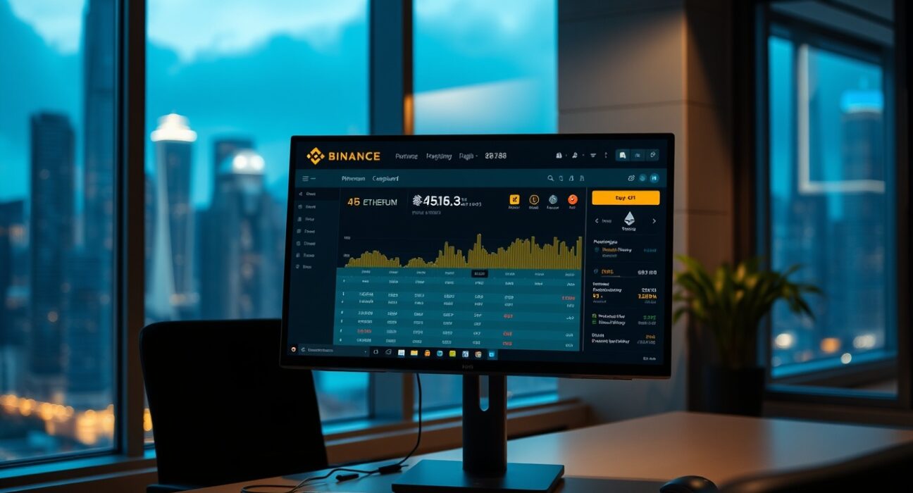 Hong Kong office with computer monitor showing Binance exchange and Ethereum deposit transaction details.
