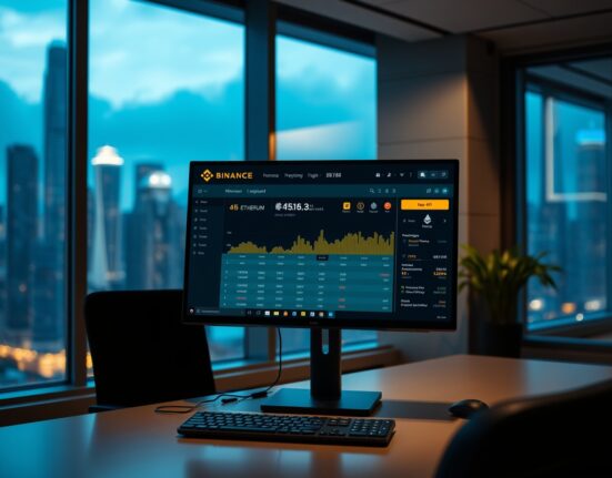 Hong Kong office with computer monitor showing Binance exchange and Ethereum deposit transaction details.