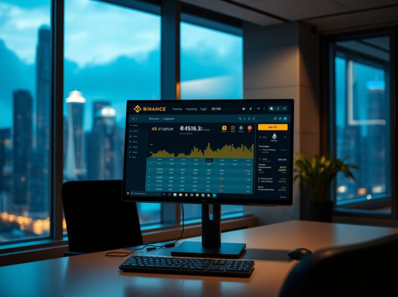Hong Kong office with computer monitor showing Binance exchange and Ethereum deposit transaction details.