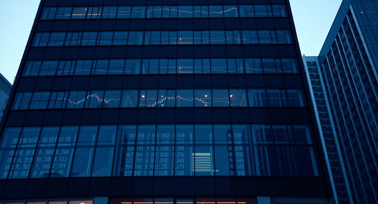 Modern office building in Hong Kong linked to Metalpha, with subtle digital data reflections