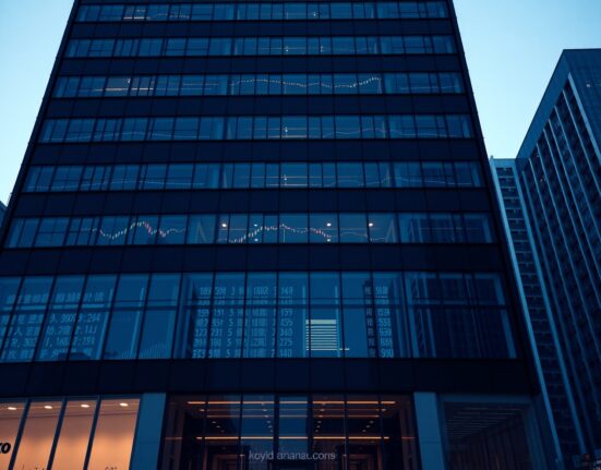 Modern office building in Hong Kong linked to Metalpha, with subtle digital data reflections